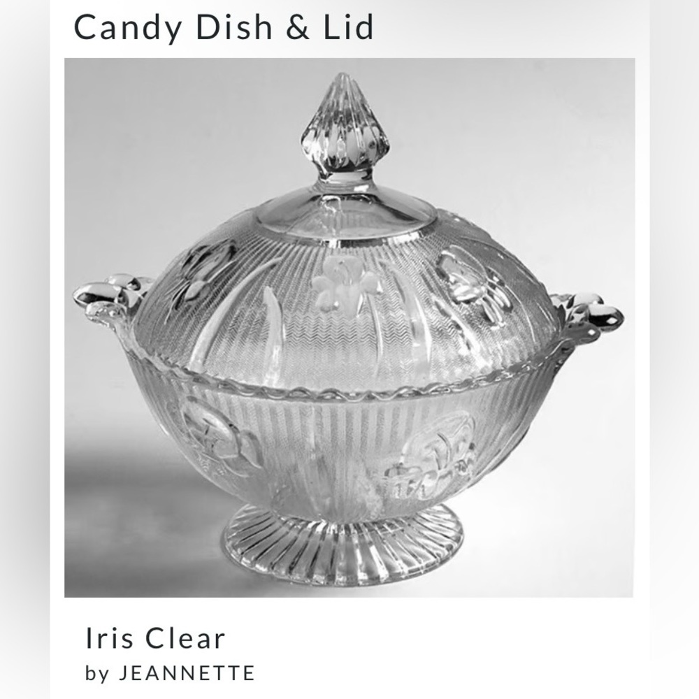 Iris & Herringbone Clear Footed Covered Candy Dish Depression Glass - Picture 2 of 16